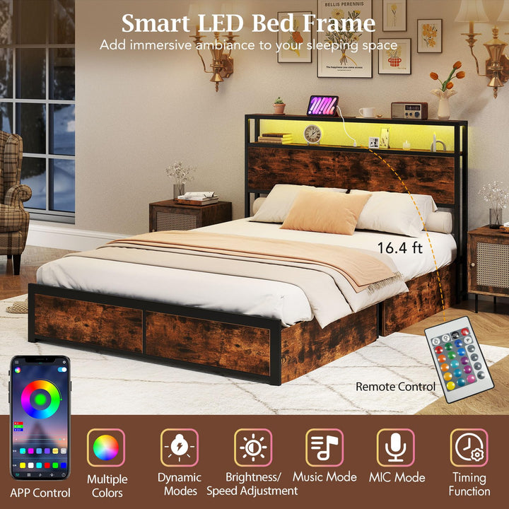 Giantex Queen/Full Size LED Bed Frame with Charging Station &amp; 4 Storage Drawers