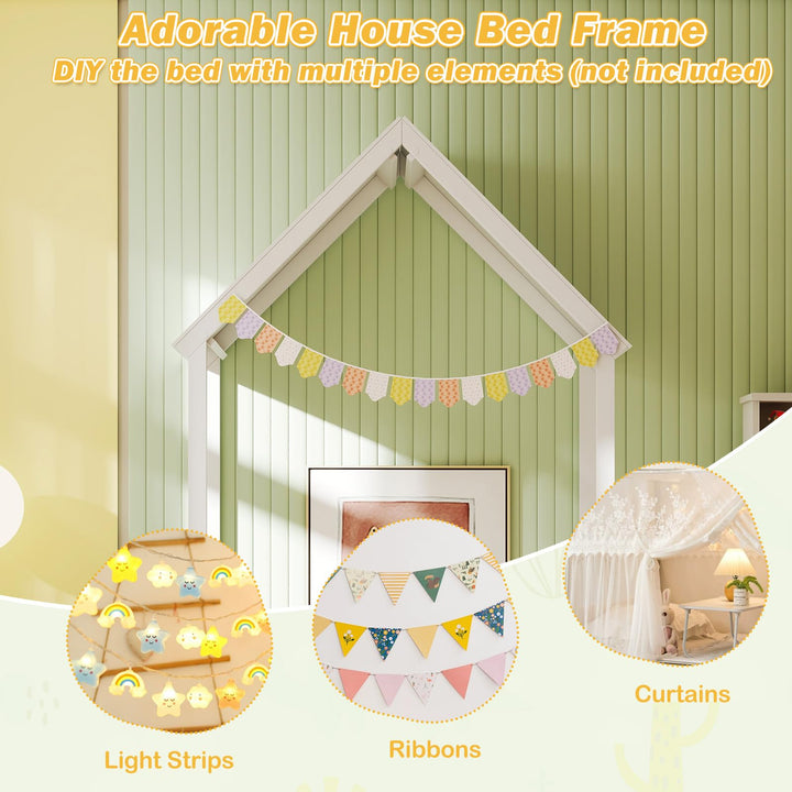 Giantex Twin Size House Bed Montessori Floor Bed with House Shape Roof &amp; Semi-Fence