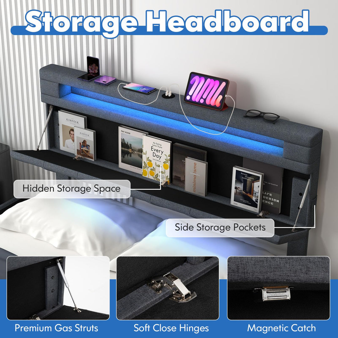 Giantex Queen/Full Size Bed Frame with Storage Headboard and 4 Drawers, Modern Upholstered Platform Bed with Charging Station