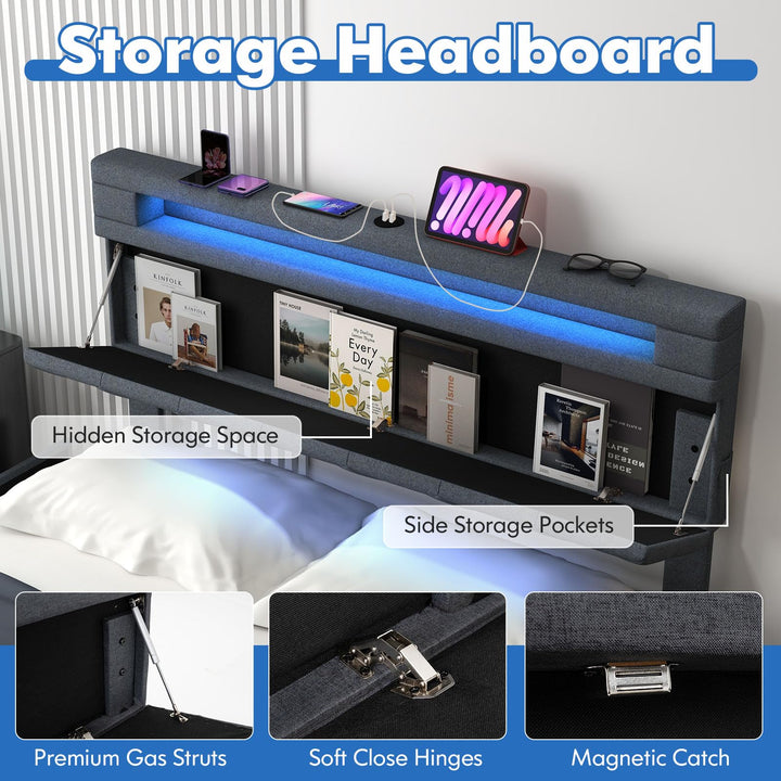 Giantex Queen/Full Size Bed Frame with Storage Headboard and 4 Drawers, Modern Upholstered Platform Bed with Charging Station