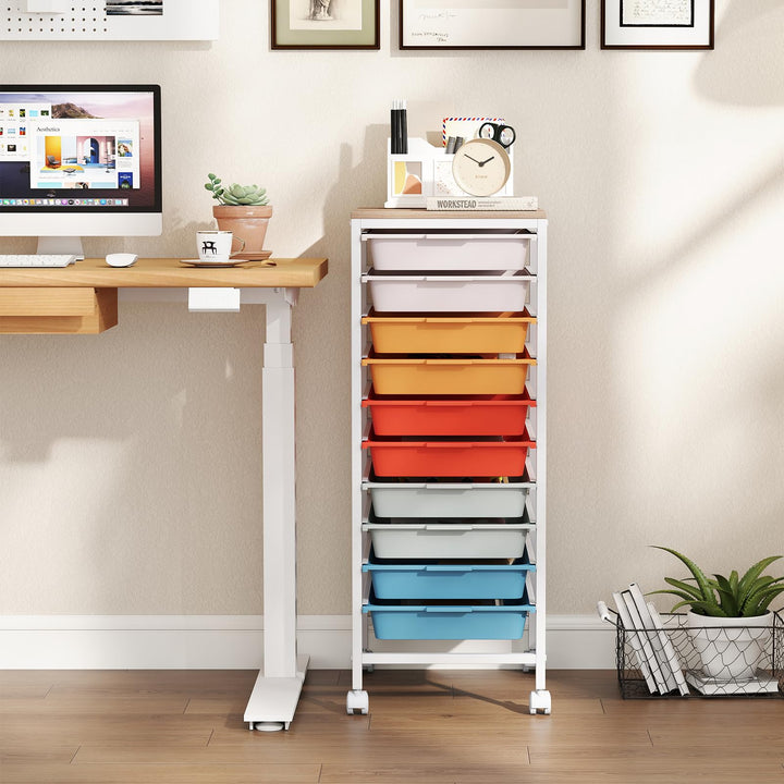 Giantex 10-Drawer Rolling Storage Cart Mobile Utility Organizer with Wooden Tabletop and Lockable Wheels
