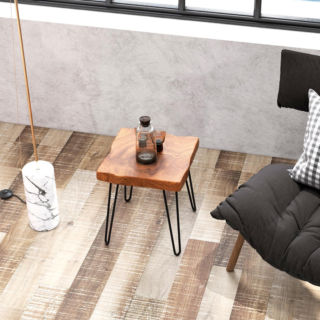 Giantex Teak Wood End Table, Solid Live Edge Outdoor Side Table w/Natural Grain &amp; Heavy-Duty Metal Legs