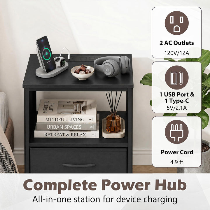 GIANTEX Modern 39" Bedside Table with Integrated Charging Station &amp; 5 Fabric Drawers (1/2)