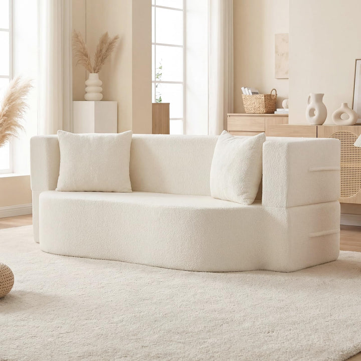 Giantex 75.5" Folding Sofa Bed | 2-in-1 Convertible Teddy Fleece Floor Loveseat with 2 Comfortable Pillows