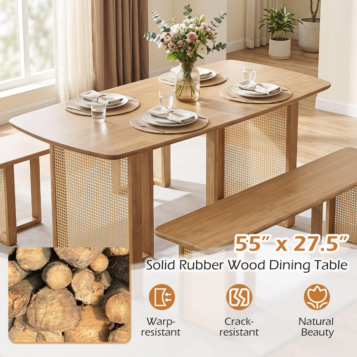 GIANTEX Rattan Dining Table Set for 4 | Rubber Wood Kitchen Table &amp; 2 Bench