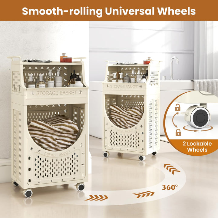 Giantex 3-Tier Rolling Laundry Cart with wheels Folding Laundry Basket with 2 Baskets