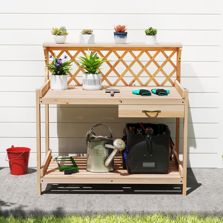 Giantex Wood Potting Table with 3 Tier Shelves