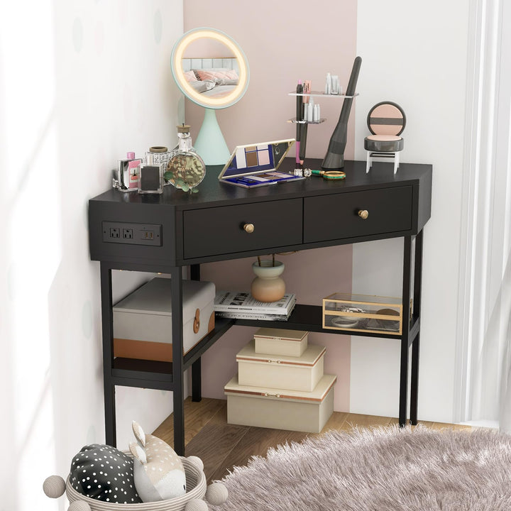 Giantex Corner Desk with Charging Station, 90 Degree Triangle Computer Desk with 2 Drawers &amp; Storage Shelf
