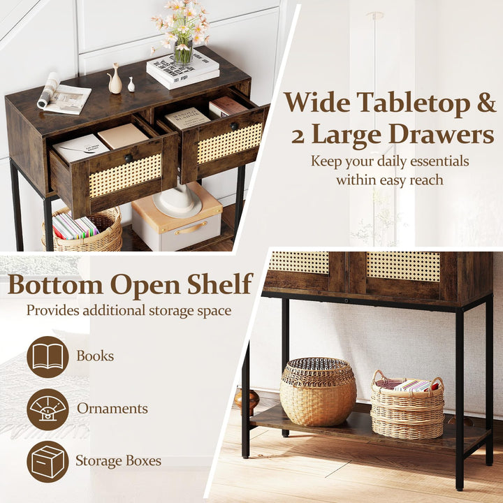 Giantex Rattan Console Table 32" Boho Entryway Table with 2 Drawers