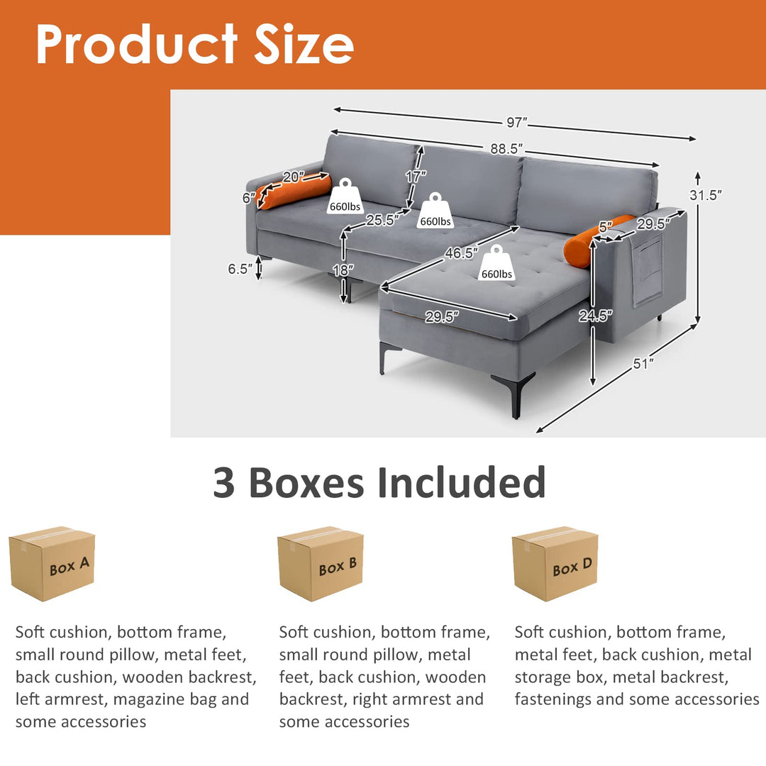 Giantex 97" Large Couch, 3 Seat Sectional Sofa Set, L-Shaped Modular Sleeper with Chaise Lounge &amp; USB Port &amp; Socket