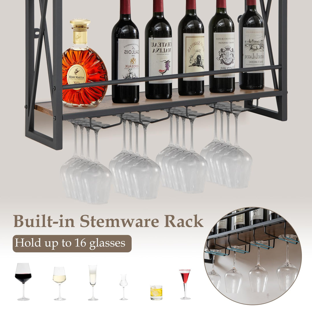 Giantex Industrial Wall-Mounted Wine Rack, 3 Tiers Metal Hanging Wine Shelf with Glass Holder