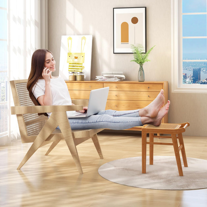 CHARMAID Vanity Stool, Bamboo Ottoman Foot Rest with Rattan Seat, Anti-Slip Foot Pads