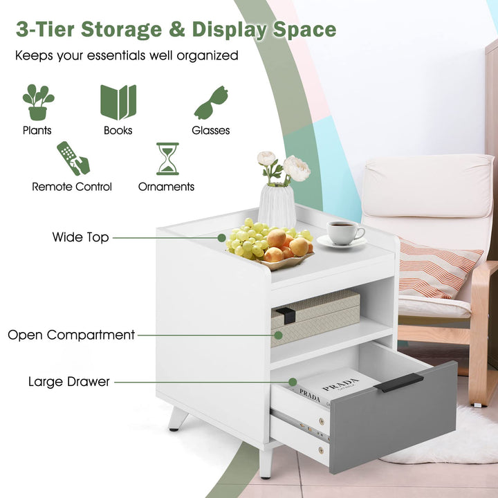 Giantex Nightstand with Drawer, 3-Tier Bedside Table with Storage Drawer &amp; Open Compartment