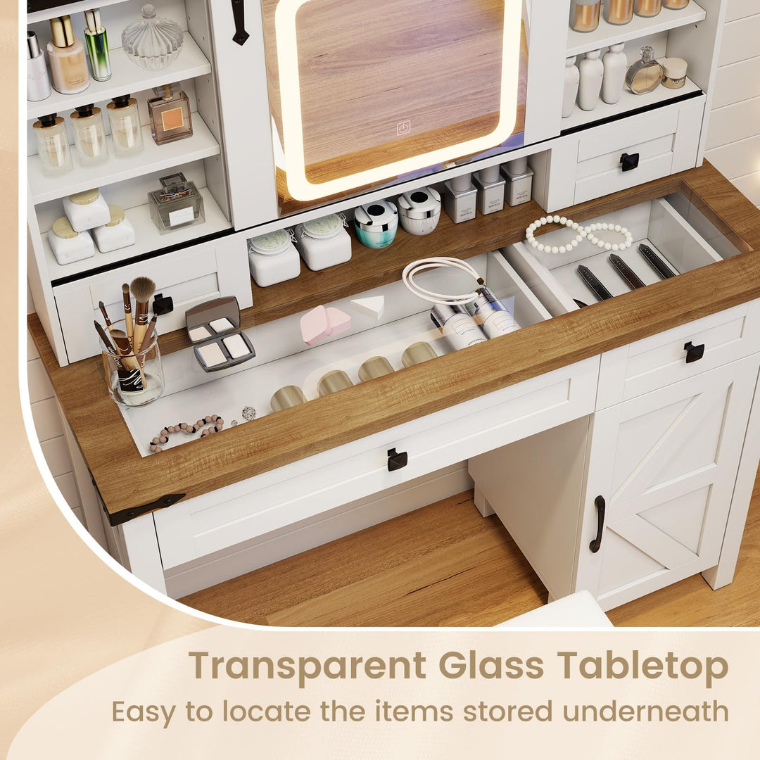 CHARMAID Farmhouse Vanity Desk with Barn-Style Sliding Mirror, Lights &amp; Stool (42" Wide,White &amp; Brown)