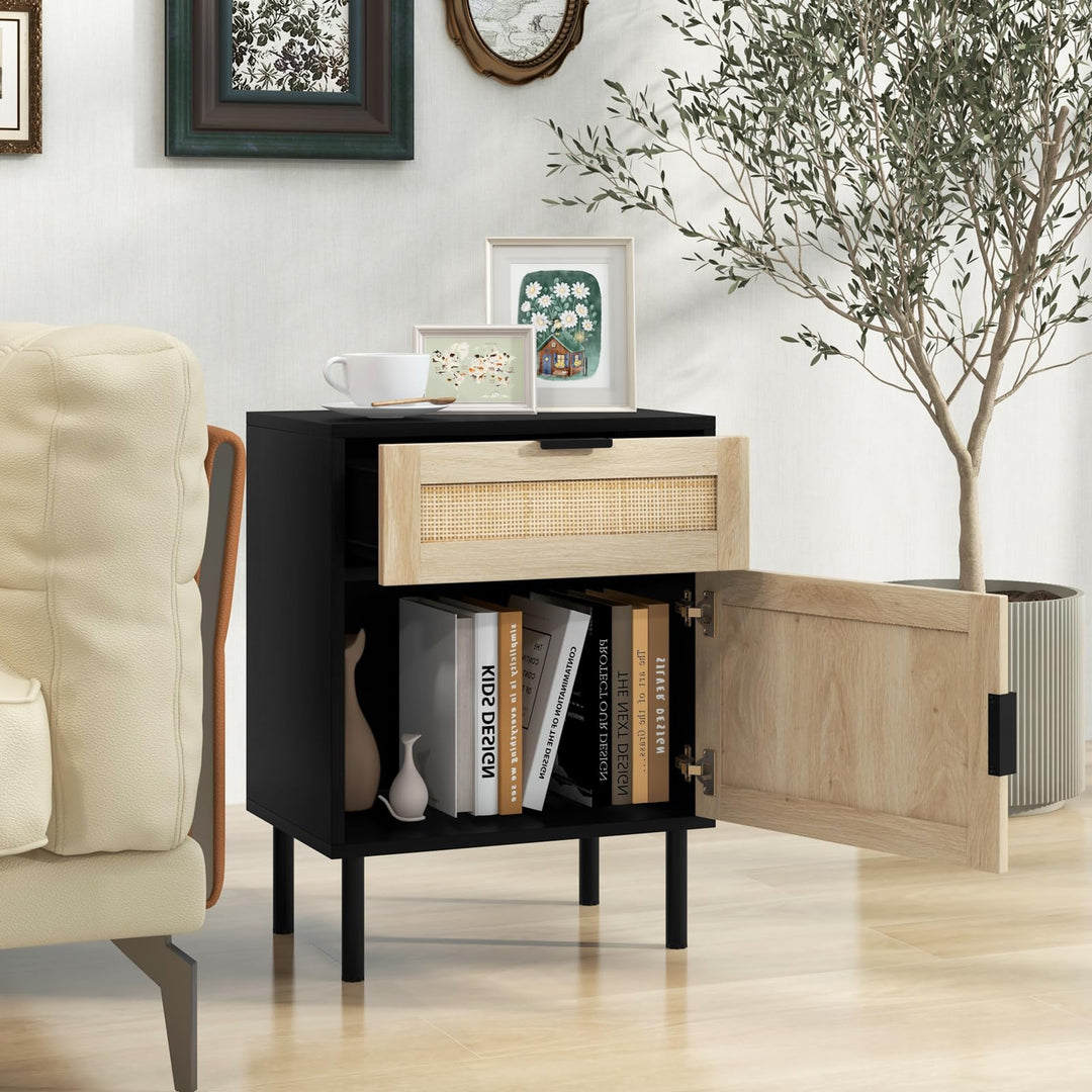 Giantex Rattan Nightstand Set of 2, Mid Century Modern End Table with Drawer &amp; Cabinet, Sofa Side Table with Sturdy Metal Legs