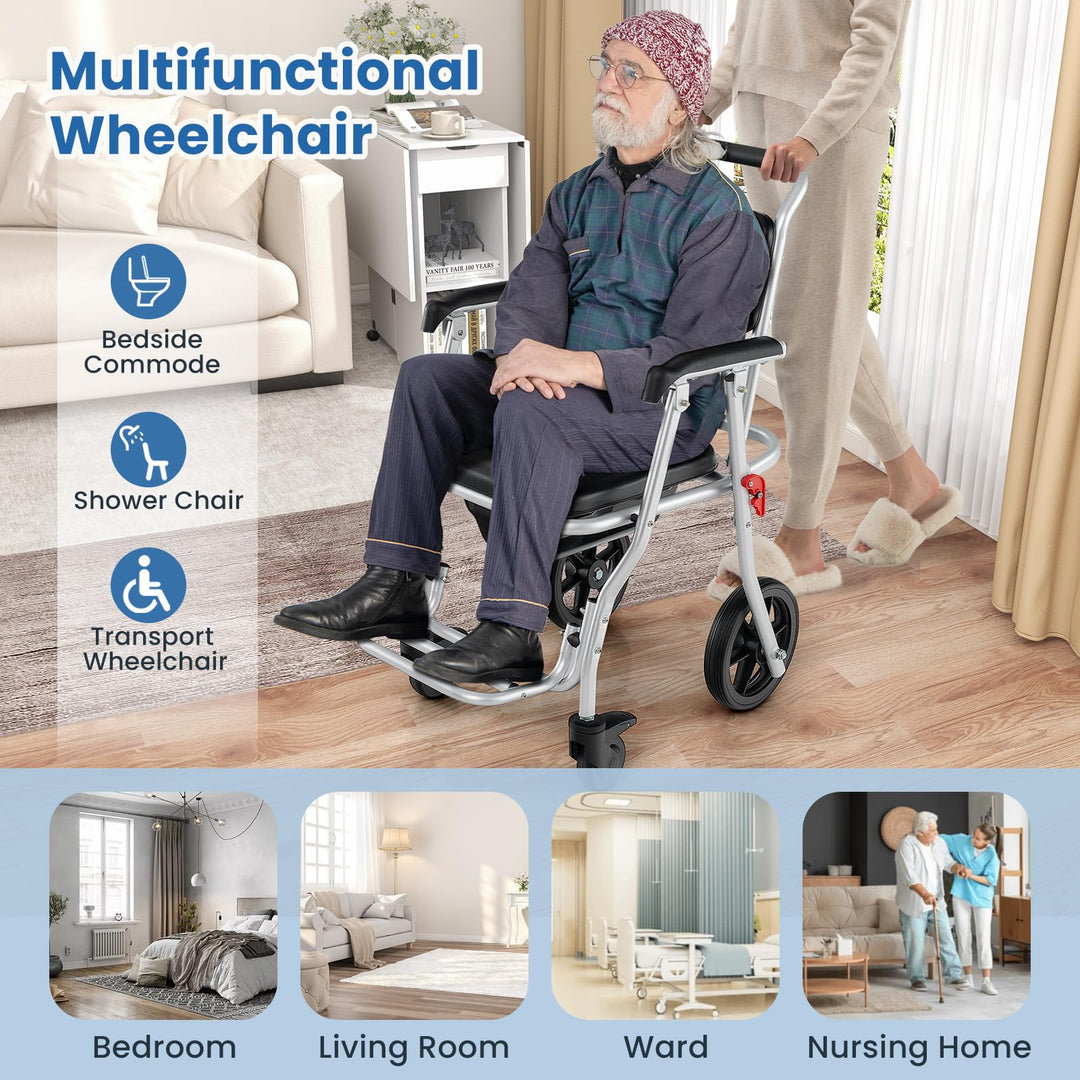Giantex Bedside Commode Wheelchair for Toilet - Foldable Shower Chair with Arms, Lockable Casters