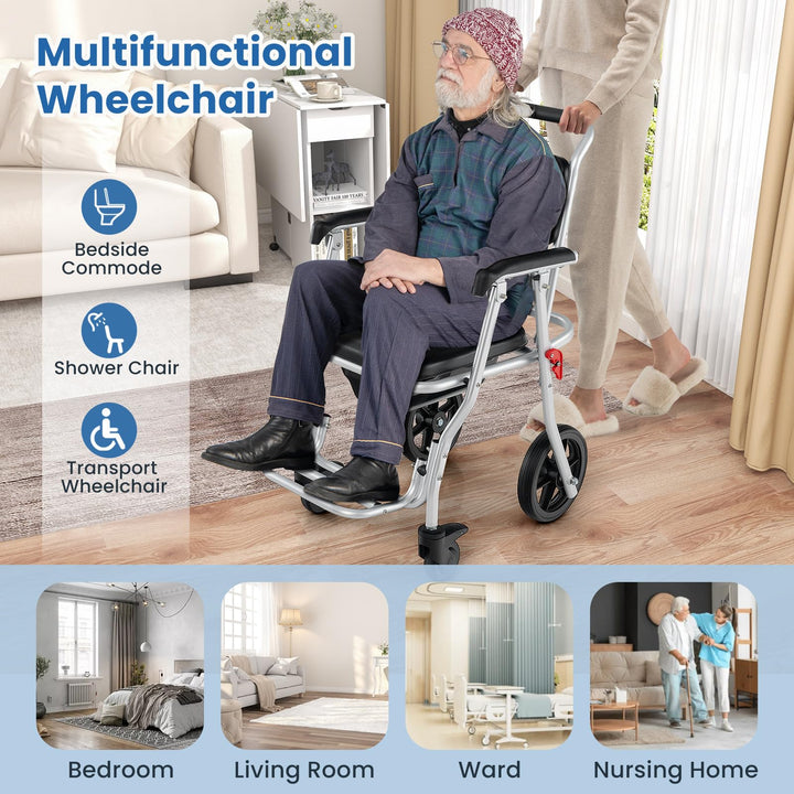 Giantex Bedside Commode Wheelchair for Toilet - Foldable Shower Chair with Arms, Lockable Casters