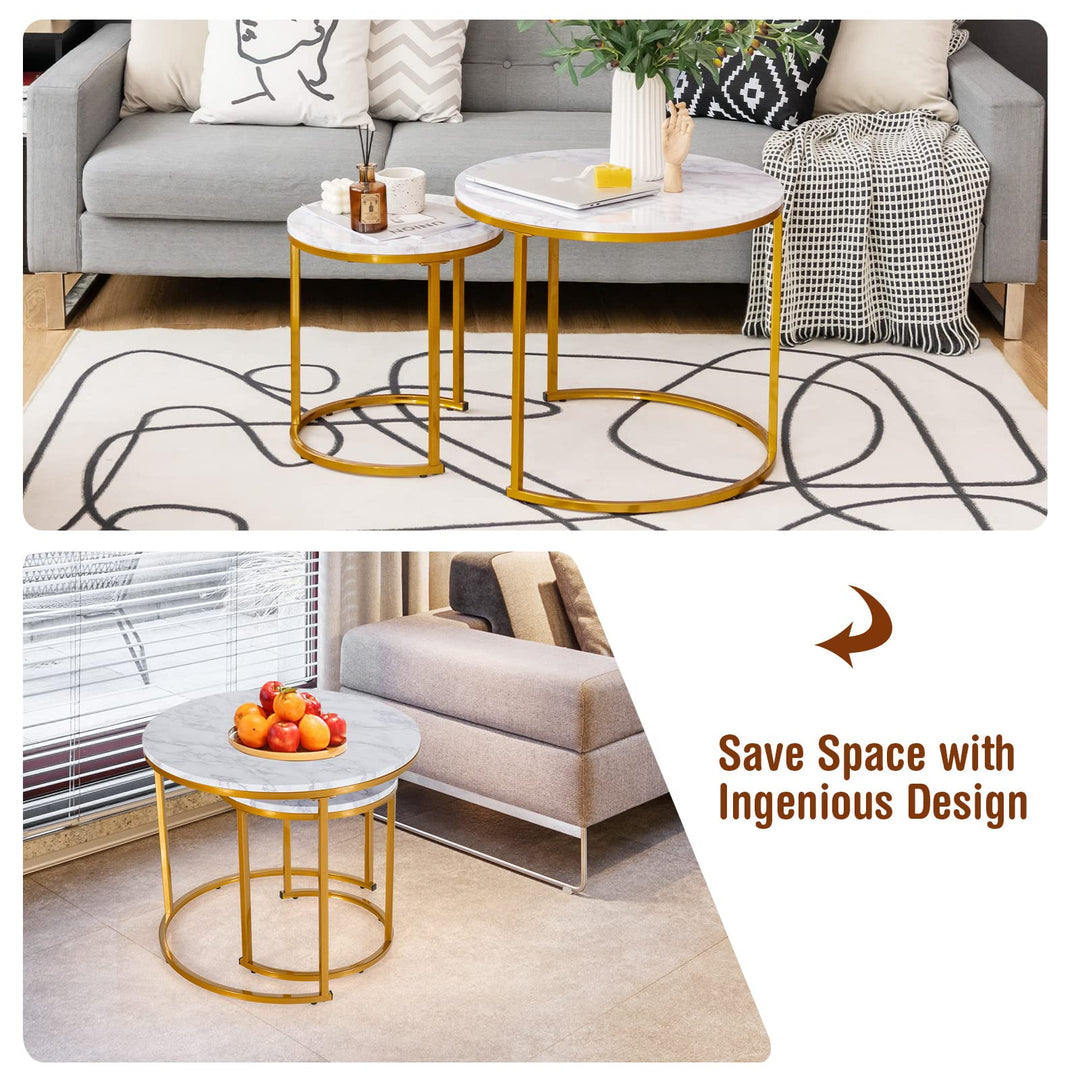 Giantex Nesting Coffee Table Set of 2, Round Stacking Side Tables with Wooden Tabletop &amp; Powder Coated Steel Frame