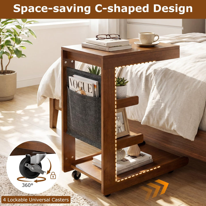 Giantex C-Shaped End Table with Wheels w/Adjustable Desktop