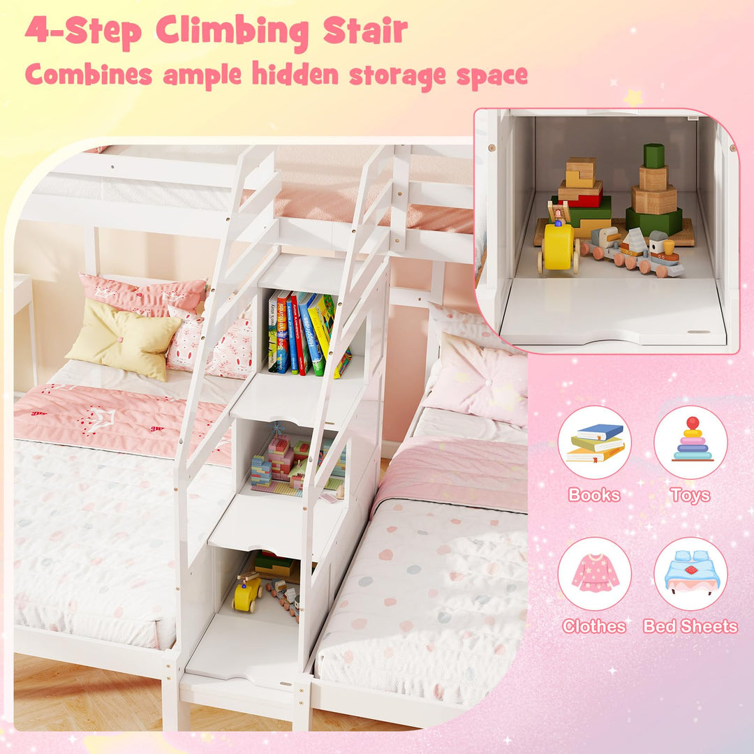 Giantex Twin Over Twin &amp; Twin Bunk Bed, Triple Bunk Beds with 4-Step Storage Stair, Wooden 3 Bunk Beds for Kids Teens