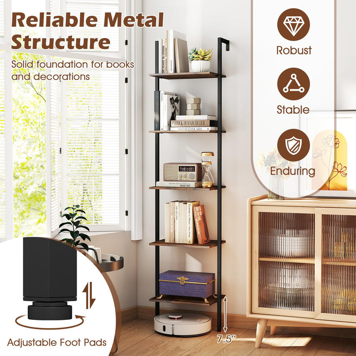 Giantex 5 Tier Ladder Shelf Wall Mount Bookshelf with Anti-Tipping Kits &amp; Metal Frame