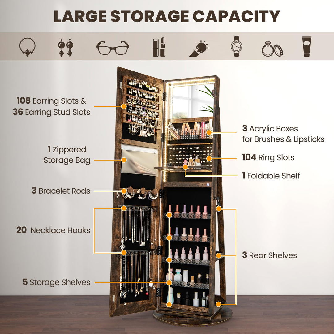 CHARMAID LED Mirror Jewelry Cabinet Armoire 360° Swivel, 63" H 3-Color Lighted Full Length Mirror