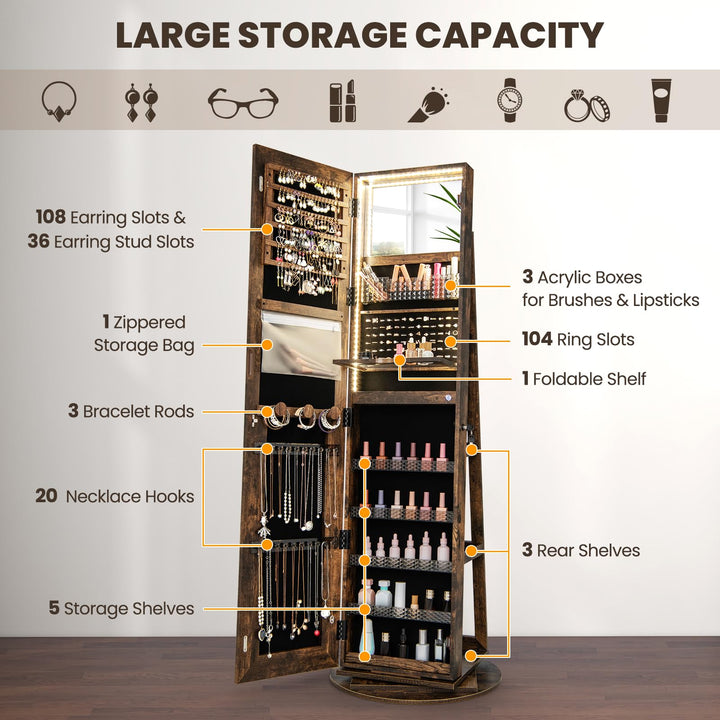 CHARMAID LED Mirror Jewelry Cabinet Armoire 360° Swivel, 63" H 3-Color Lighted Full Length Mirror