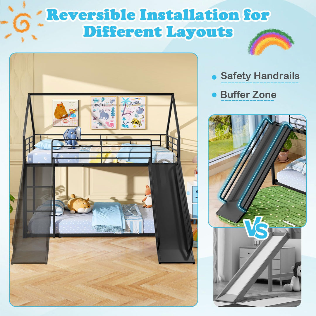 Giantex Twin Over Twin Bunk Bed with Slide &amp; Ladder House-Shaped Metal Bunk Bed Frame with Safety Guardrail &amp; Roof