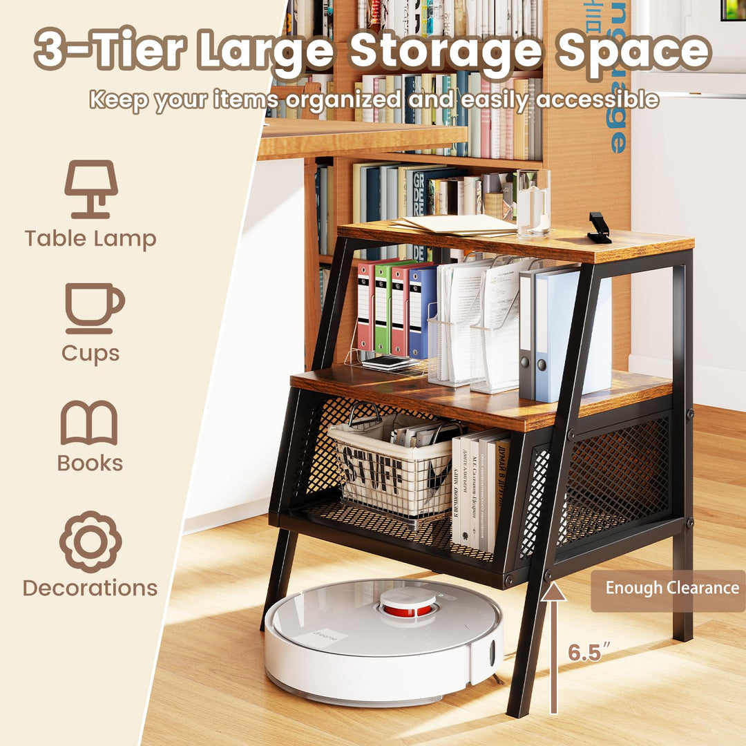 Giantex Industrial Nightstand 3-Tier End Table with 2 Open Shelves and Metal Mesh Compartment