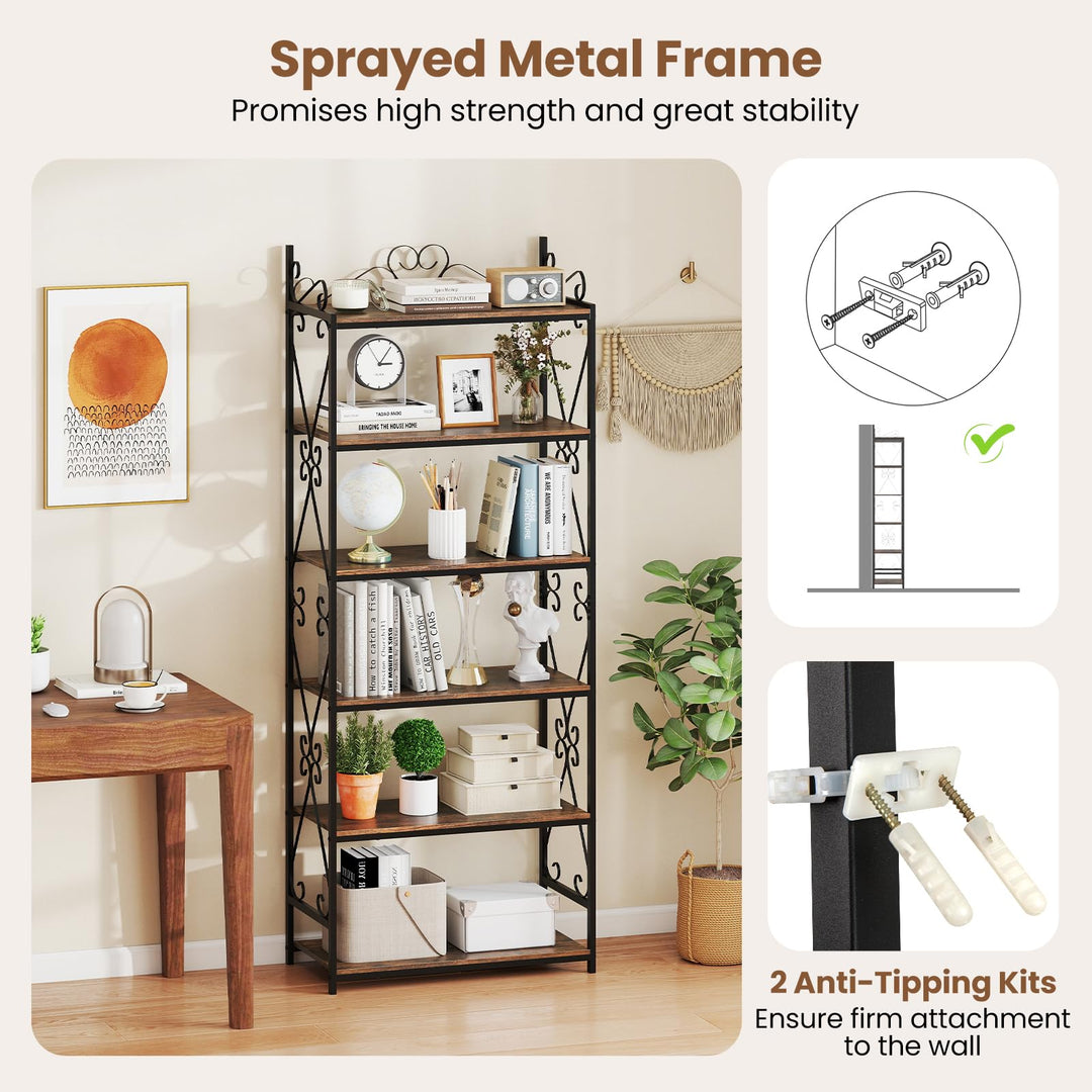 Giantex 6-Tier Bookshelf Industrial Bookcase with 2 Anti-Tipping Kits and Metal Frame