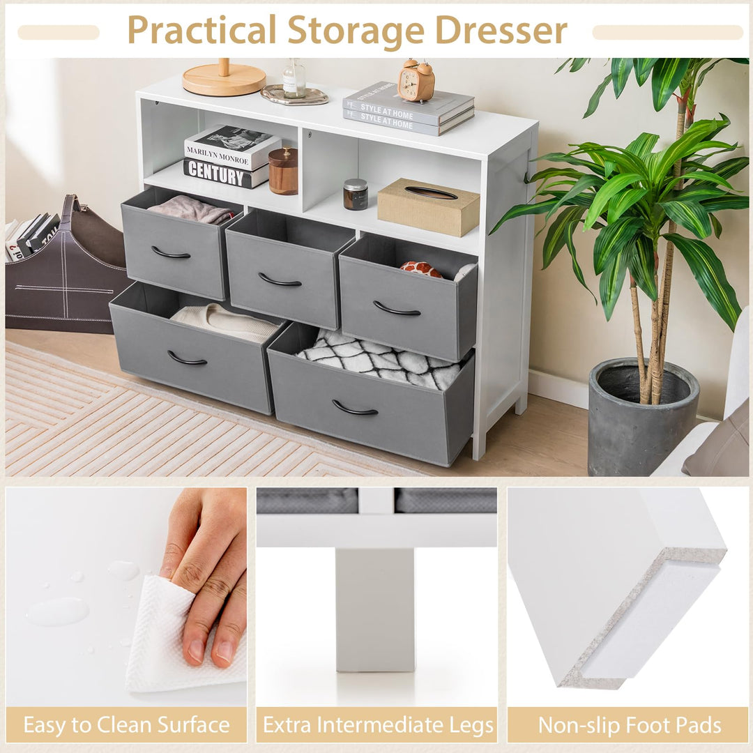 Giantex Storage Cabinet with 5 Drawers &amp; 2 Cube Shelves, Chest of Drawers, Console Table, White &amp; Grey