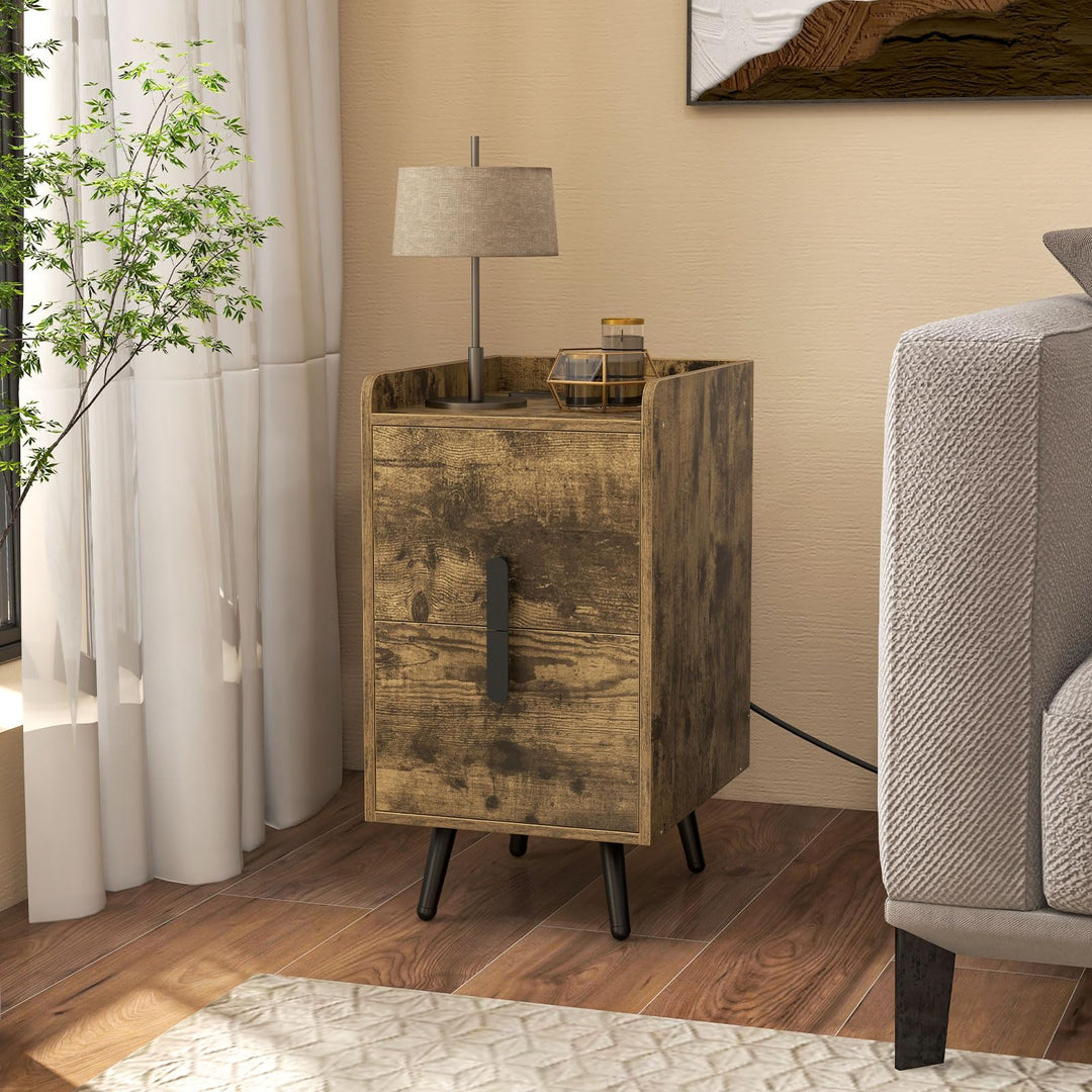 Giantex Nightstand with Charging Station, Narrow End Table with 2 Drawers &amp; Metal Gold Legs