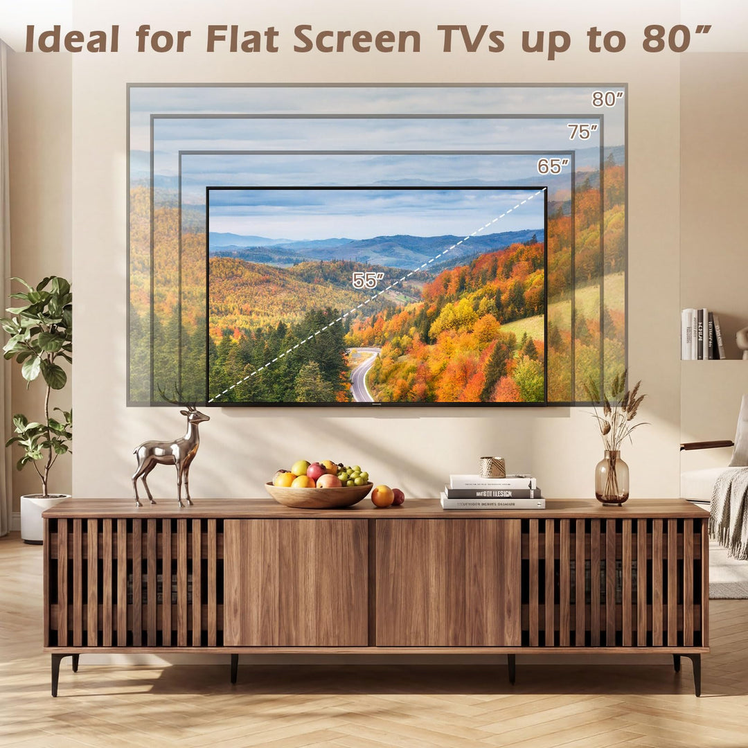 Giantex 4-Door Slatted TV Stand for 80 Inches TVs for Living Room Bedroom
