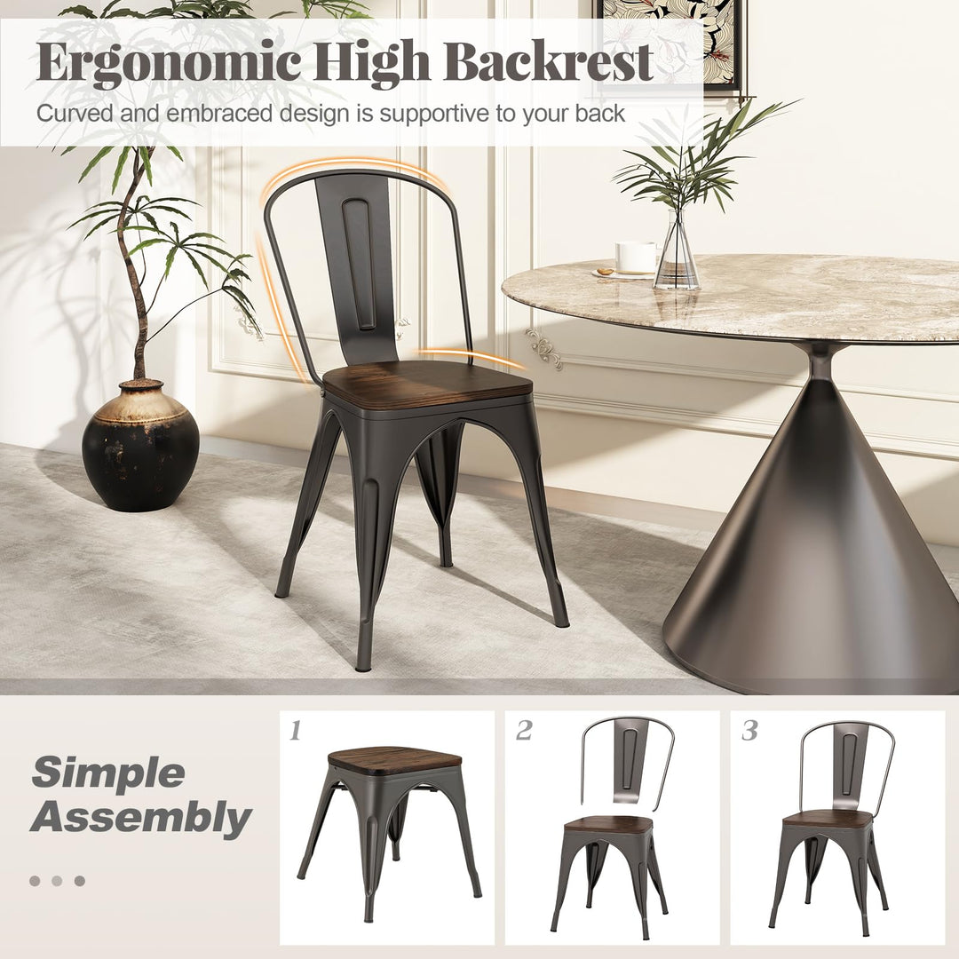 Giantex Metal Dining Chairs Set of 4, Stackable Kitchen Chairs with Wood Seat &amp; Removable Backrest