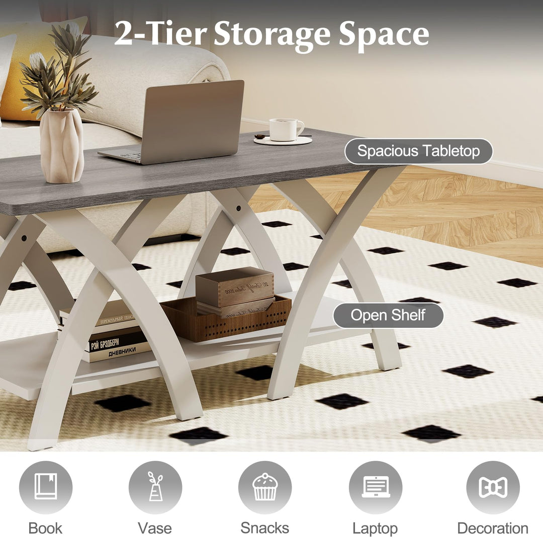 Giantex Farmhouse Coffee Table 2-Tier Wood Center Table with Storage Shelf &amp; X-Shaped Support Legs