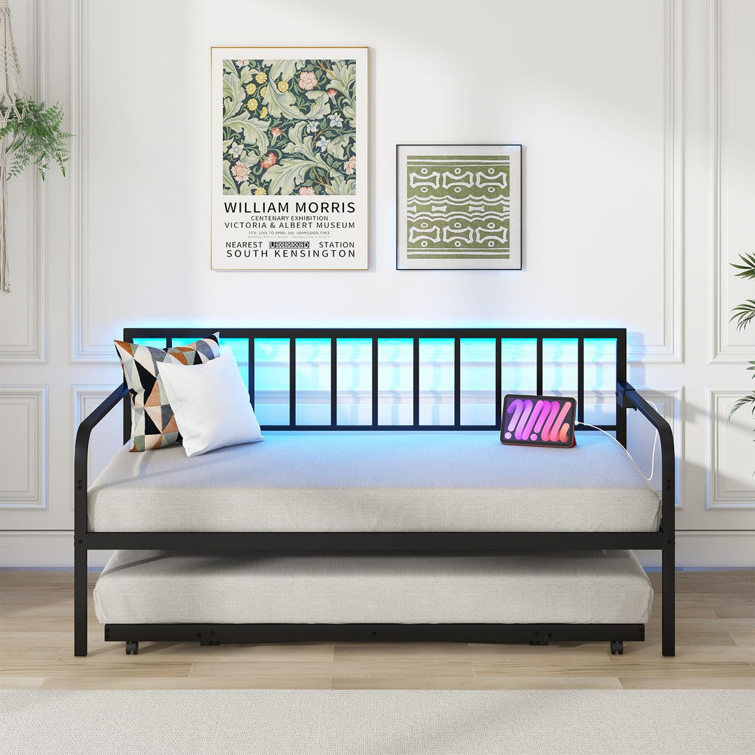 Giantex Twin Daybed with Trundle, Metal Day Bed with Charging Station &amp; LED Lights