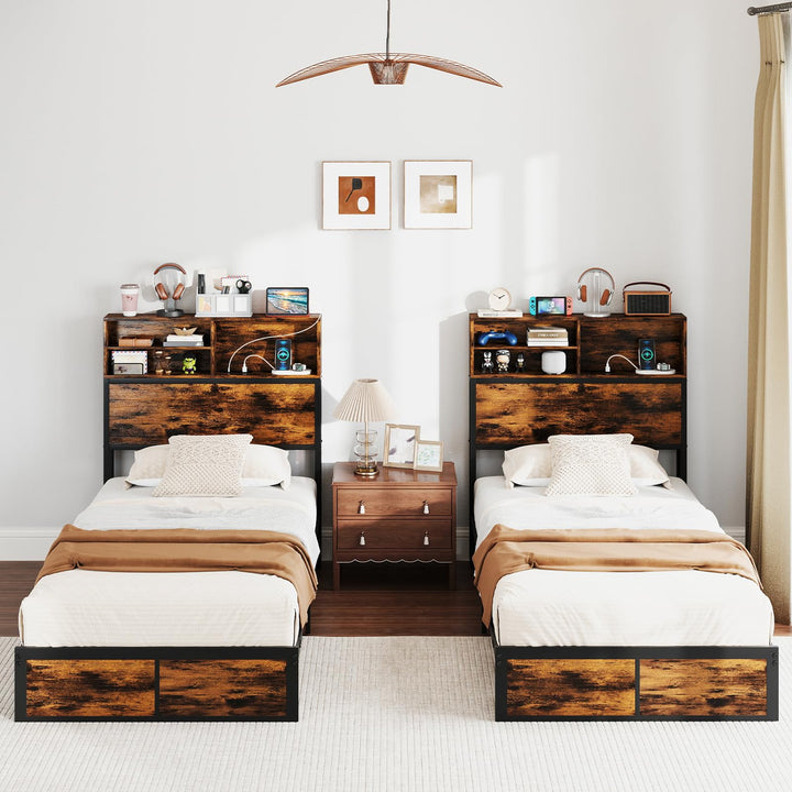 Giantex King/Queen/Twin Size Bed Frame with Storage Headboard and Charging Station, Industrial Metal Platform Bed