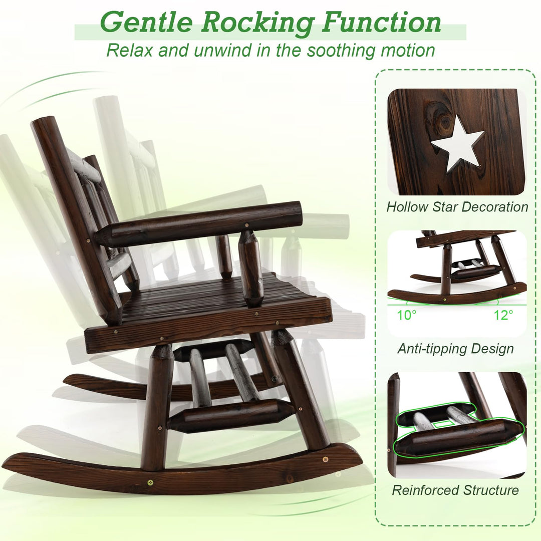 Giantex Outdoor Rocking Bench, Patio Loveseat Rocker for 2 w/Ergonomic Back &amp; Log Arms, Carbonized Fir Wood Frame