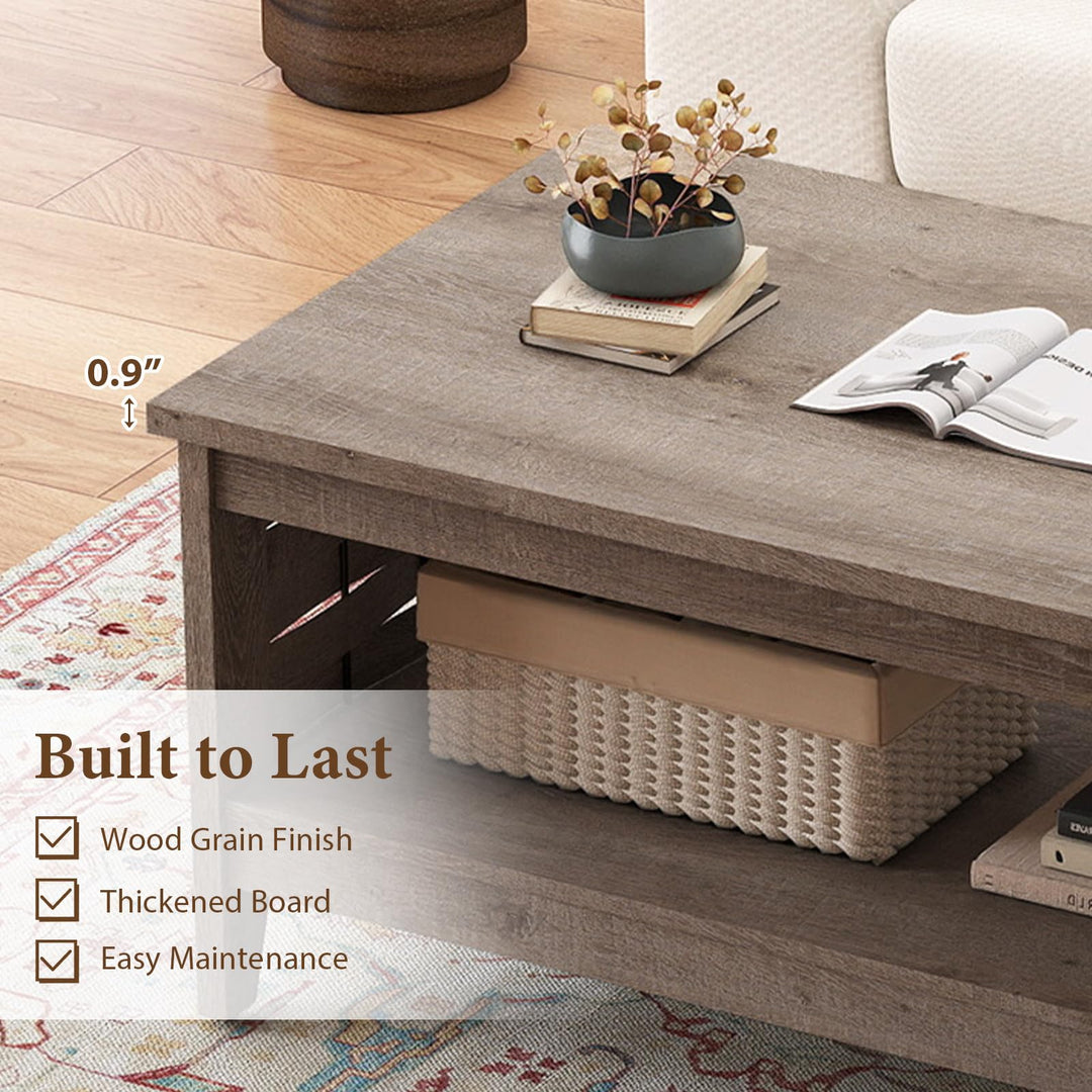 Giantex 2-Tier Farmhouse Coffee Table with Open Shelf and Woven Decorations for Living Room