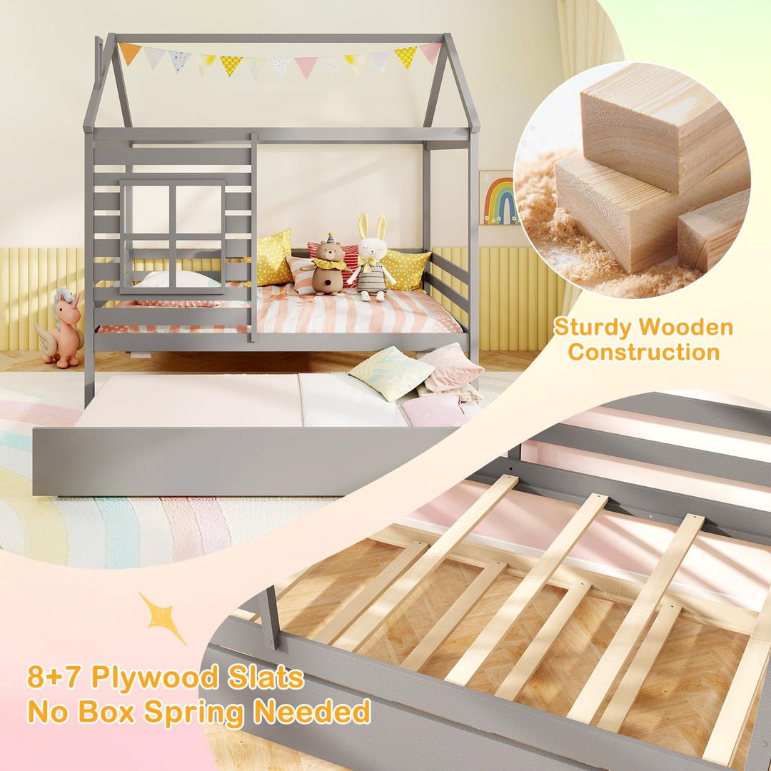 Giantex Twin House Bed with Trundle Bed Twin, Wooden Twin Bed Frames with Roof, Chimney &amp; Window