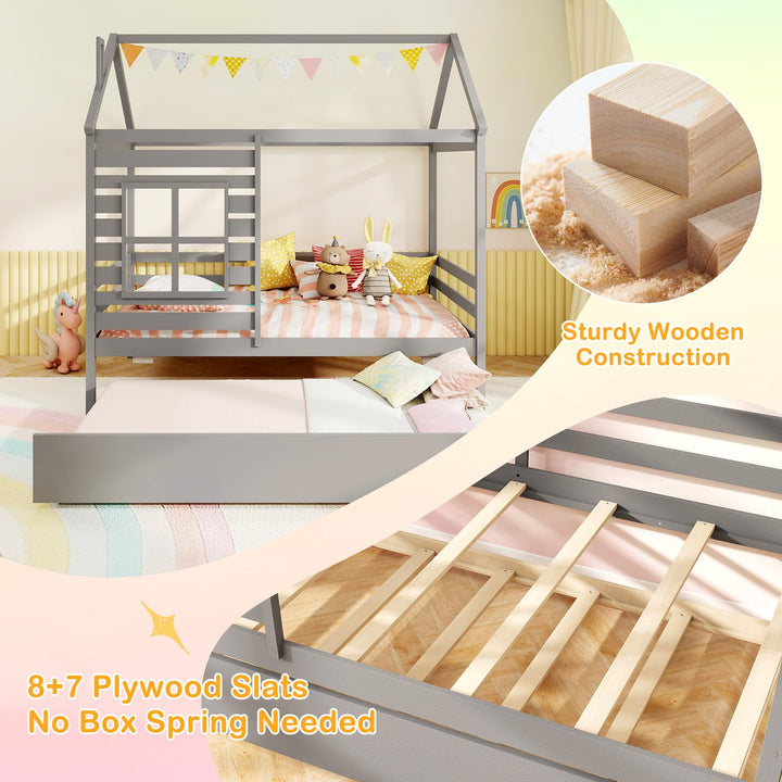 Giantex Twin House Bed with Trundle Bed Twin, Wooden Twin Bed Frames with Roof, Chimney &amp; Window