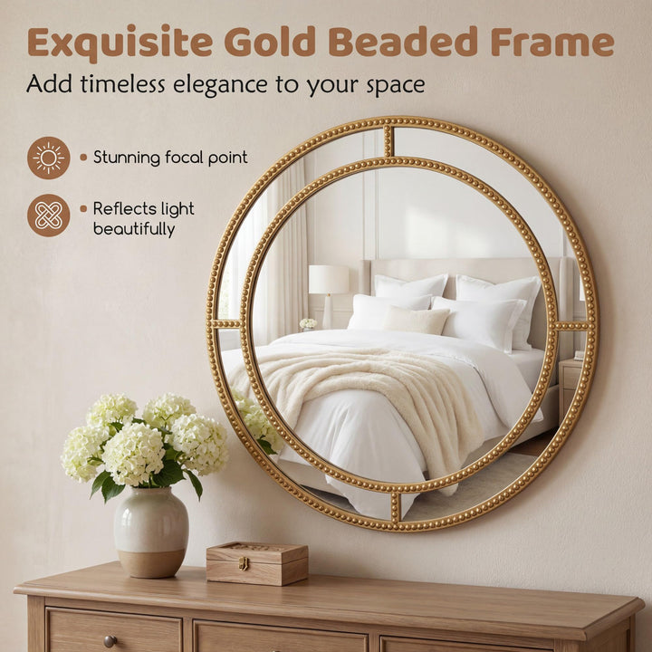 CHARMAID 28" Gold Round Wall Mirror with Beaded Frame