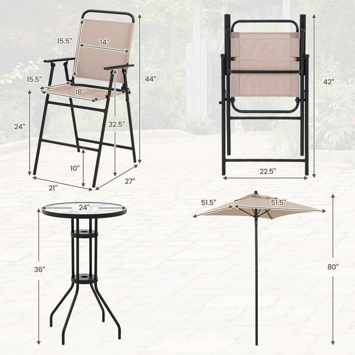 Giantex 4-Piece Outdoor Bar Set, Round High Top Bar Table with 2 Folding Counter Height Chairs &amp; Umbrella