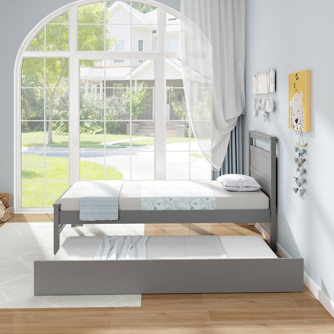Giantex Trundle Bed Twin, Wood Day Bed Frame with Headboard &amp; Footboard