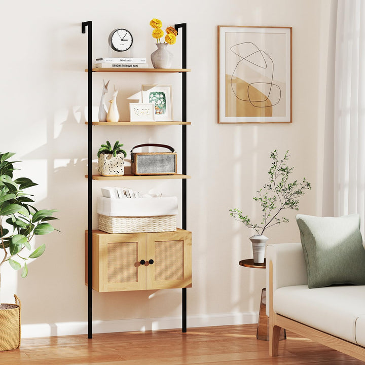 Giantex 72.5" Tall Wall-Mounted 5-Tier Ladder Bookcase with Rattan Cabinet