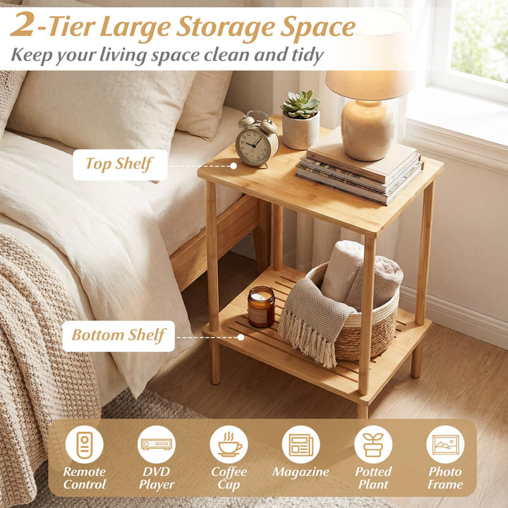 Giantex Bamboo Side Table Set of 2 w/Storage Shelves