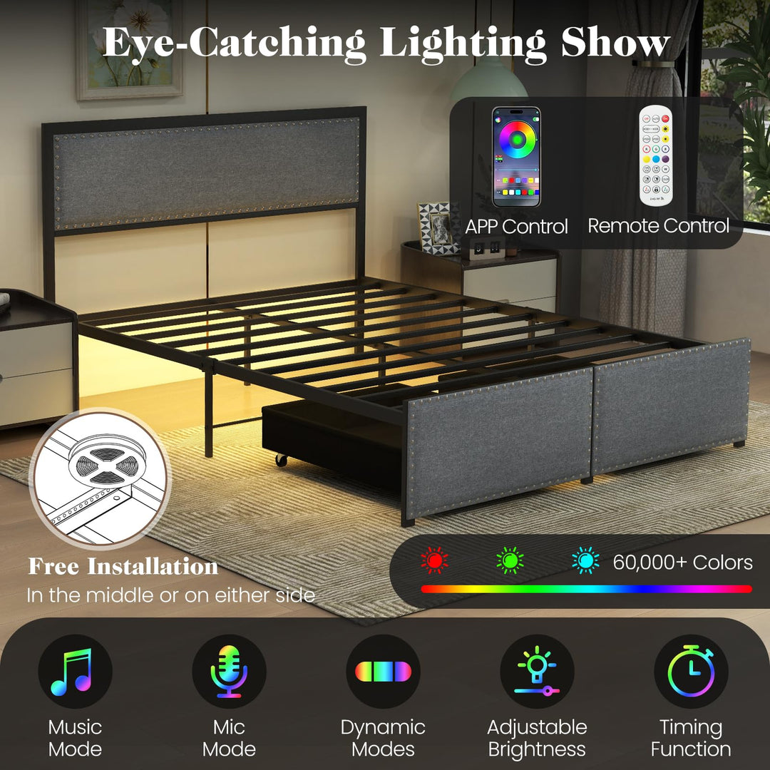 Giantex Queen/Full/Twin Size Bed Frame with LED Lights and 2 Storage Drawers