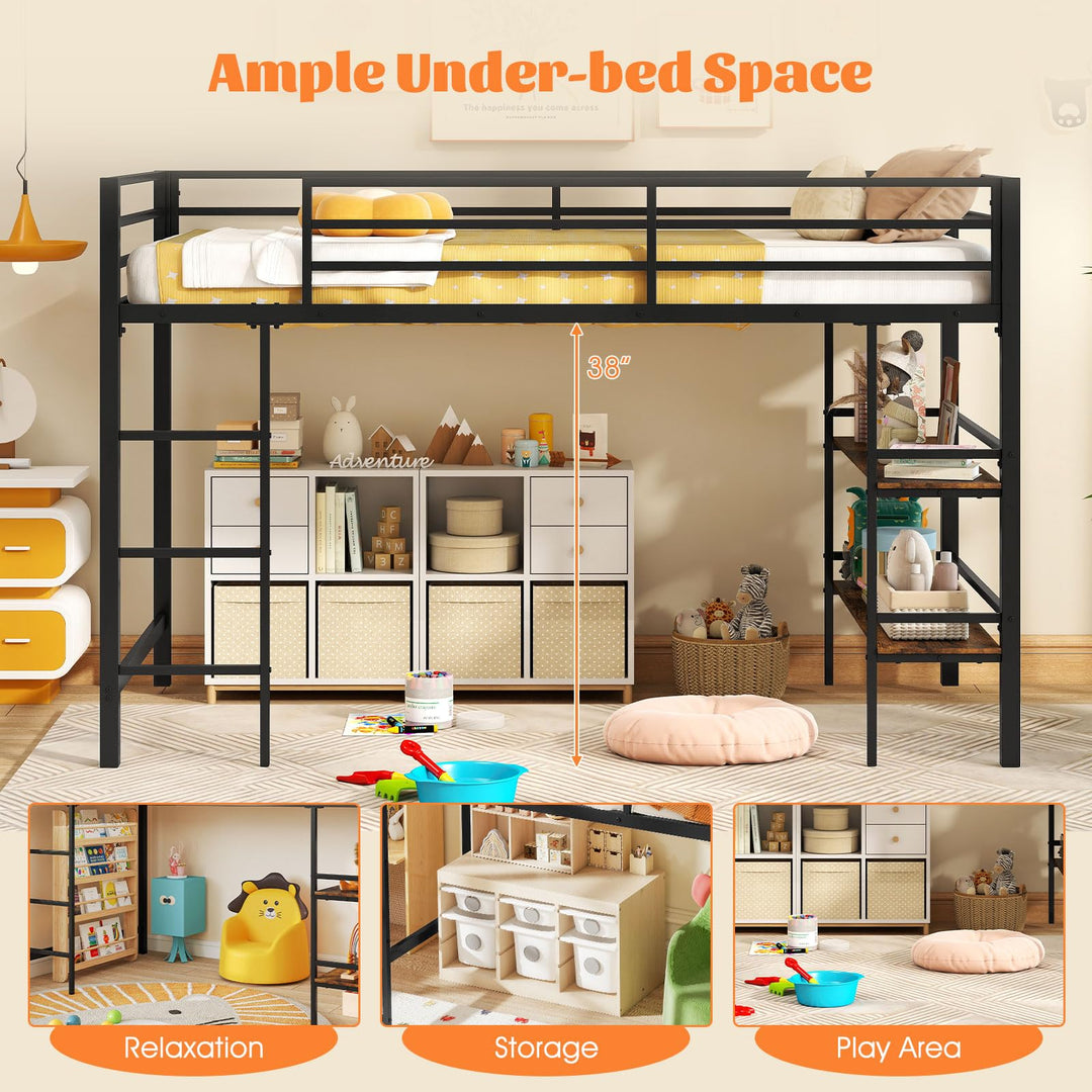 Giantex Low Loft Bed Twin Size Heavy Duty Metal Frame w/Storage Shelves