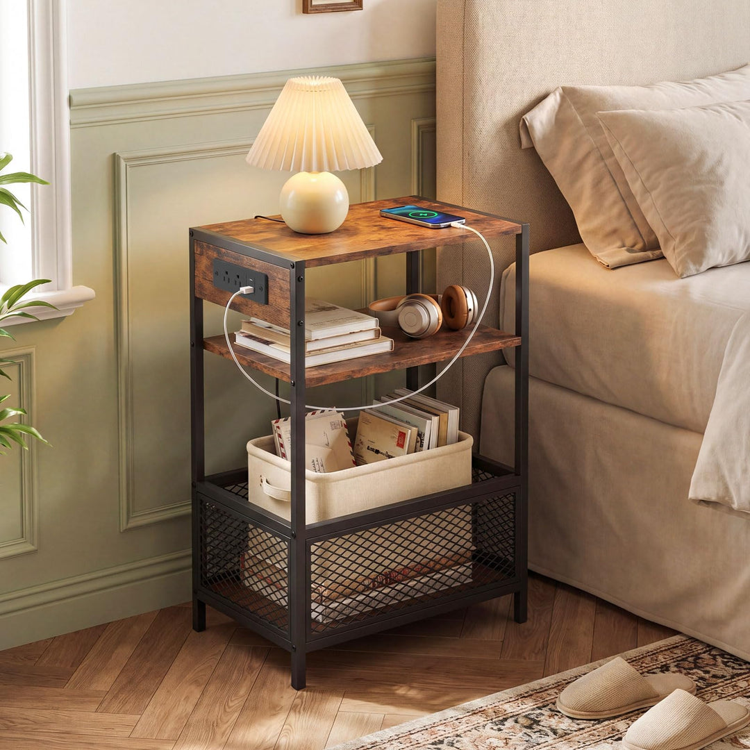 Giantex 3-Tier End Table w/Metal Mesh Compartment &amp; 2 AC Outlets (1/2)