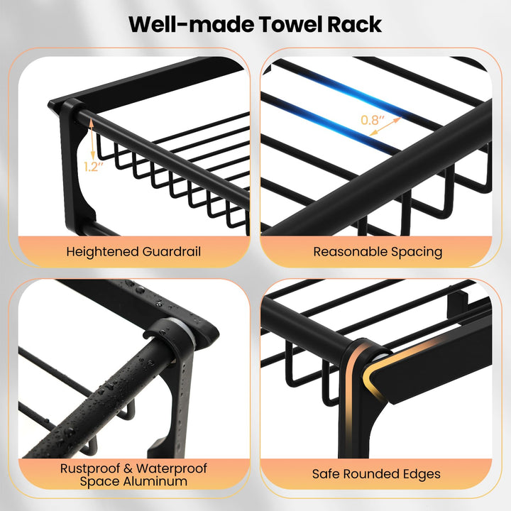 Giantex Foldable Towel Rack for Bathroom, Wall Mounted Towel Holder Organizer w/ 1 Basket, 1 Towel Bar &amp; 5 Sliding Hooks